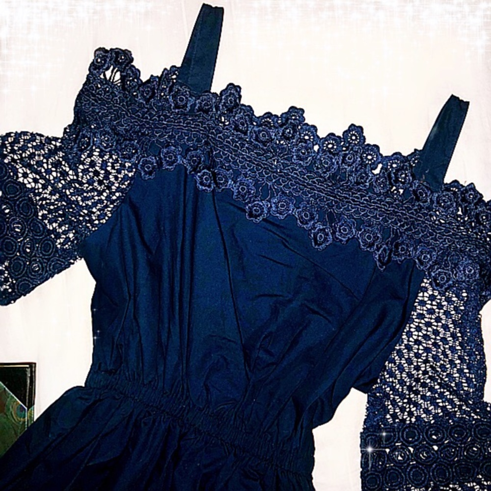 🌙 Off Shoulder Deep Blue Lace Sleeved Top - Picture 4 of 5